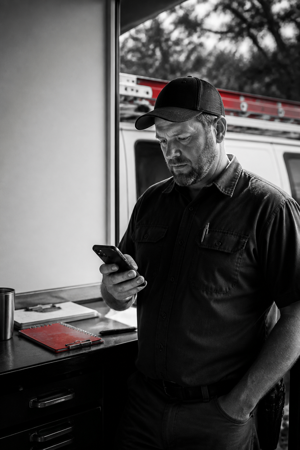 A gutter contractor reviewing leads on a phone in a real work-truck and shop setting